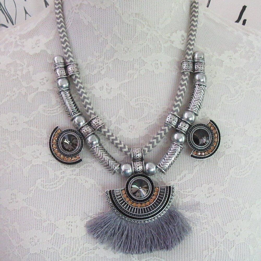 Fringe rope necklace with rhinestones & metal beading - Tribal - Statement piece